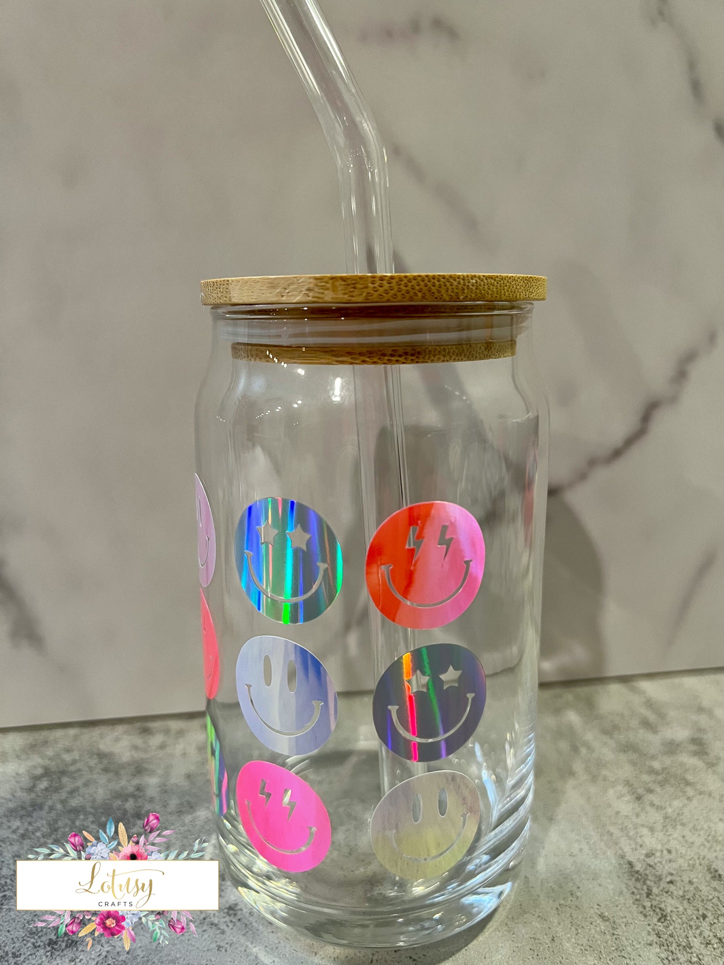 Libbey Glass Cup Tumbler with Holographic Vinyl Smiley Faces—16 oz.