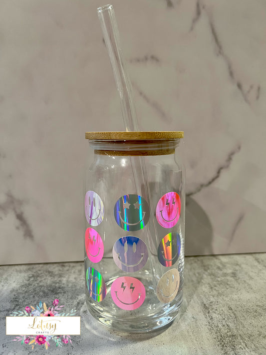 Libbey Glass Cup Tumbler with Holographic Vinyl Smiley Faces—16 oz.